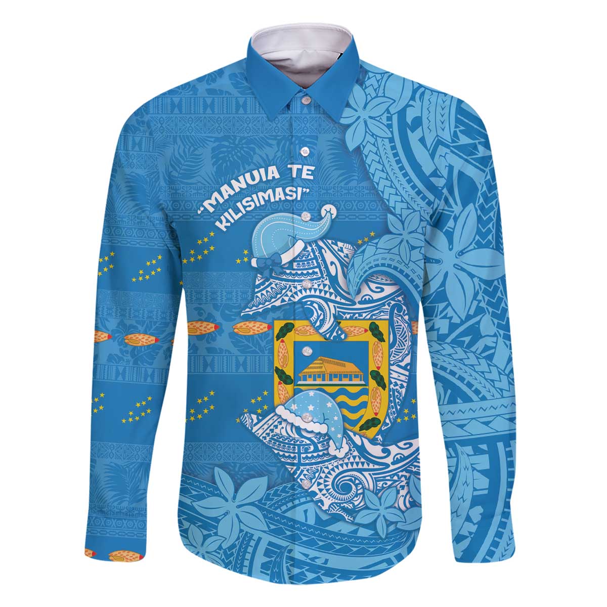 Tuvalu Christmas Family Matching Off The Shoulder Long Sleeve Dress and Hawaiian Shirt Dolphins Santa Xmas Tribal Waves - Polynesian Pride