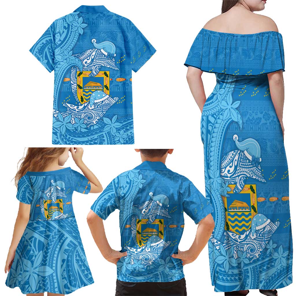 Tuvalu Christmas Family Matching Off Shoulder Maxi Dress and Hawaiian Shirt Dolphins Santa Xmas Tribal Waves - Polynesian Pride