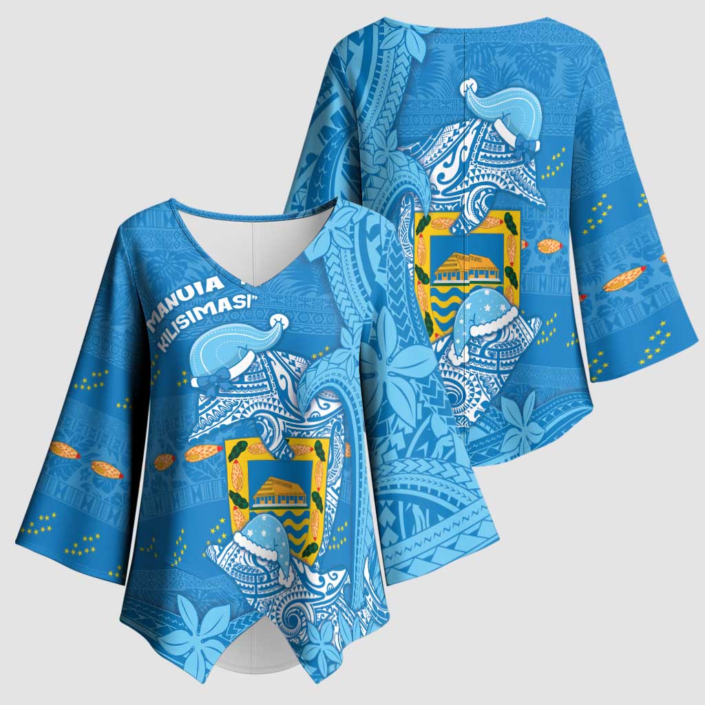 Tuvalu Christmas Kimono Sleeve Blouse Dolphins Santa Xmas Tribal Waves - Polynesian Pride
