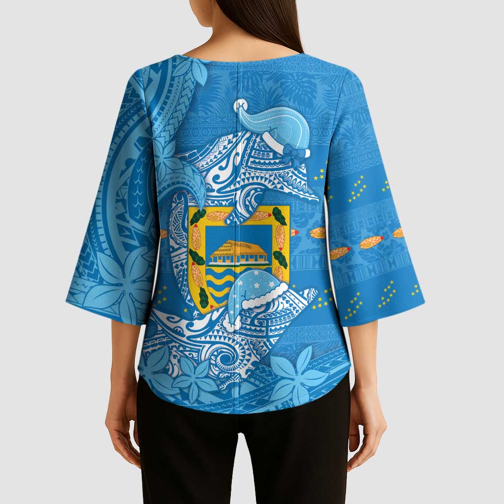 Tuvalu Christmas Kimono Sleeve Blouse Dolphins Santa Xmas Tribal Waves - Polynesian Pride