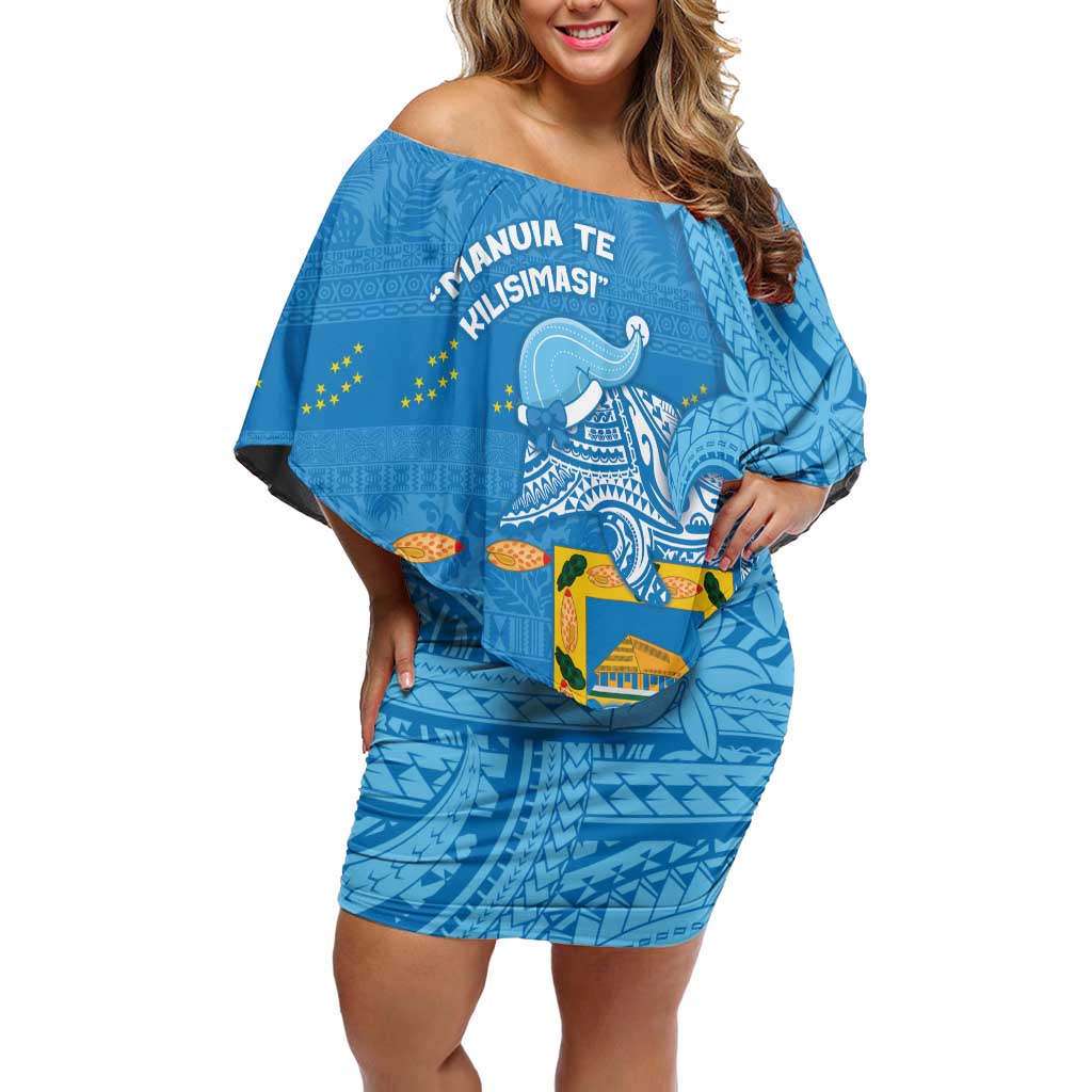 Tuvalu Christmas Off Shoulder Short Dress Dolphins Santa Xmas Tribal Waves - Polynesian Pride