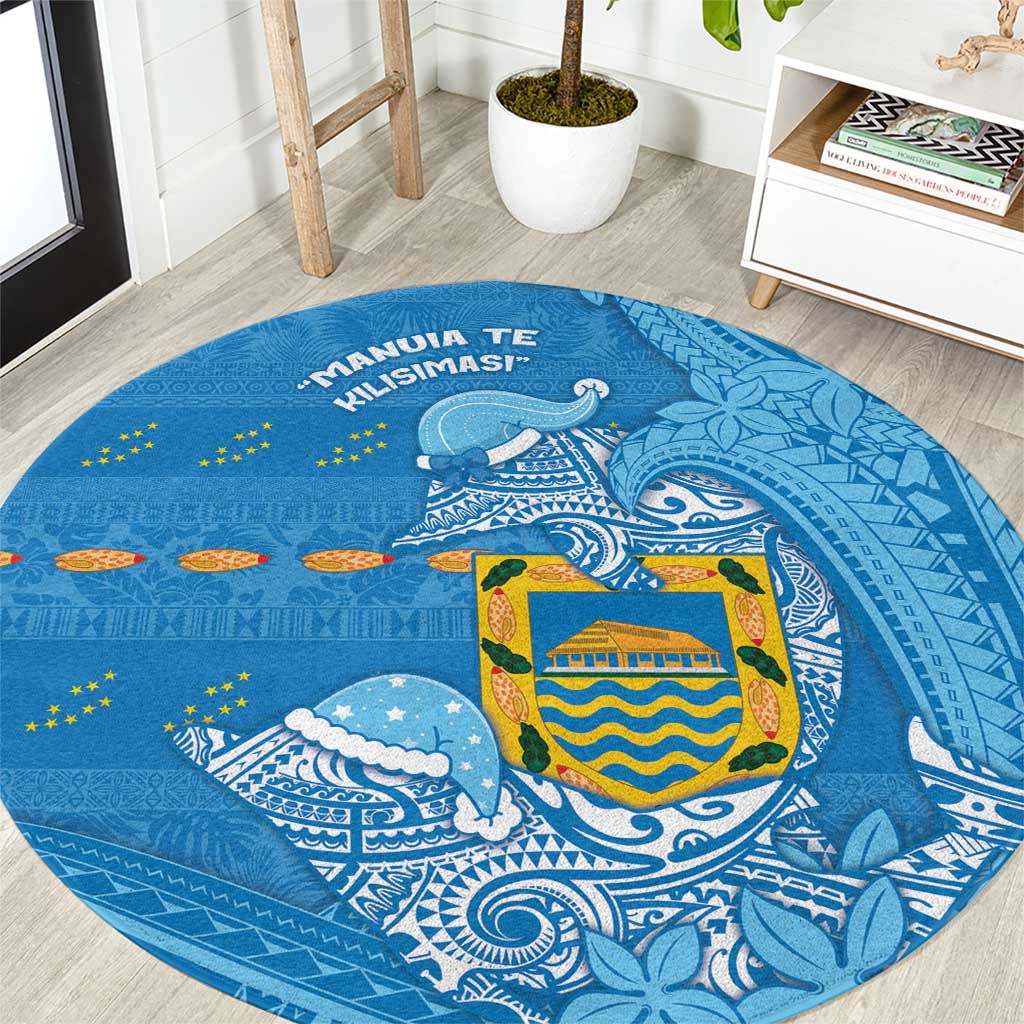 Tuvalu Christmas Round Carpet Dolphins Santa Xmas Tribal Waves - Polynesian Pride