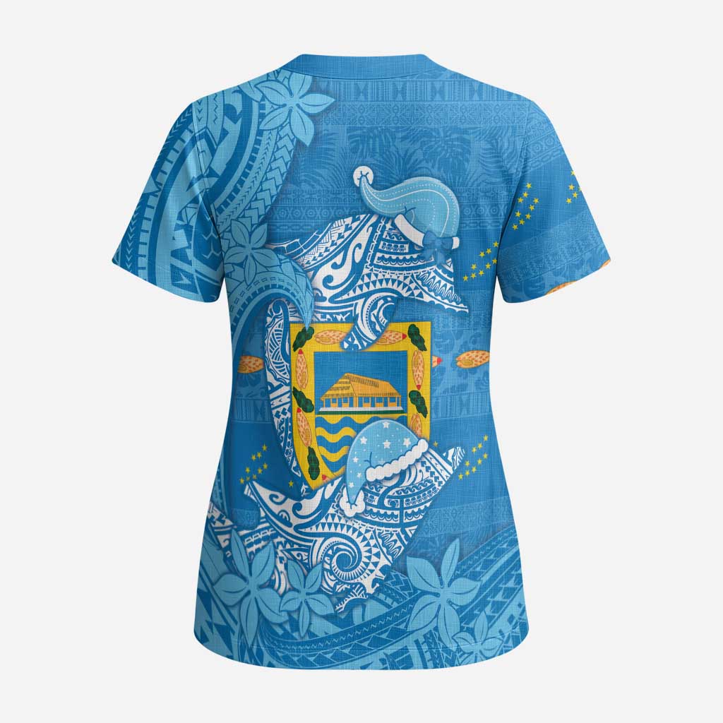 Tuvalu Christmas Scrub Top Dolphins Santa Xmas Tribal Waves - Polynesian Pride