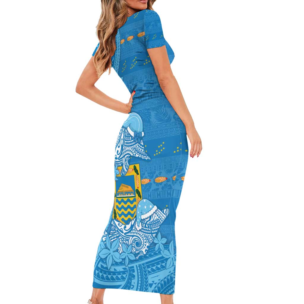 Tuvalu Christmas Short Sleeve Bodycon Dress Dolphins Santa Xmas Tribal Waves - Polynesian Pride