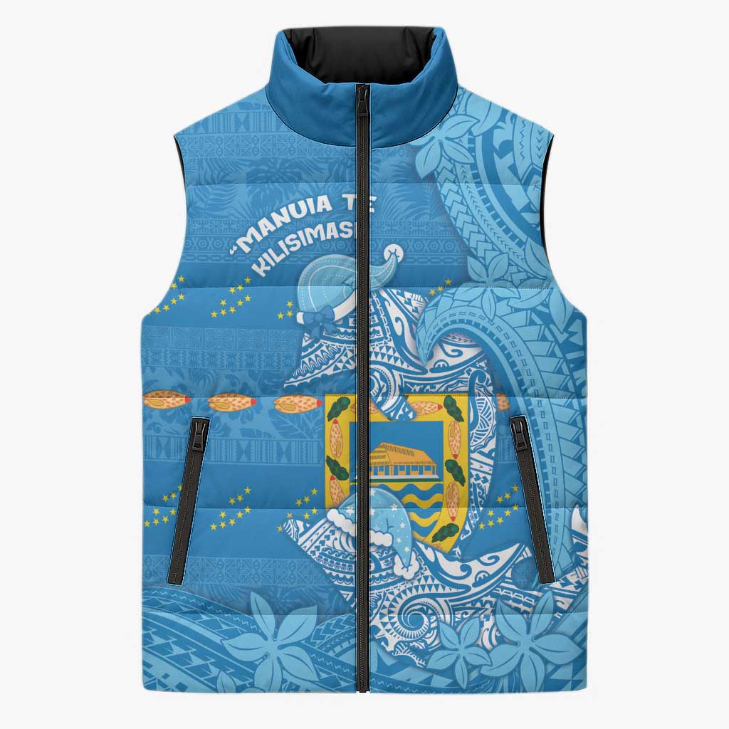 Tuvalu Christmas Sleeveless Puffer Jacket Dolphins Santa Xmas Tribal Waves - Polynesian Pride
