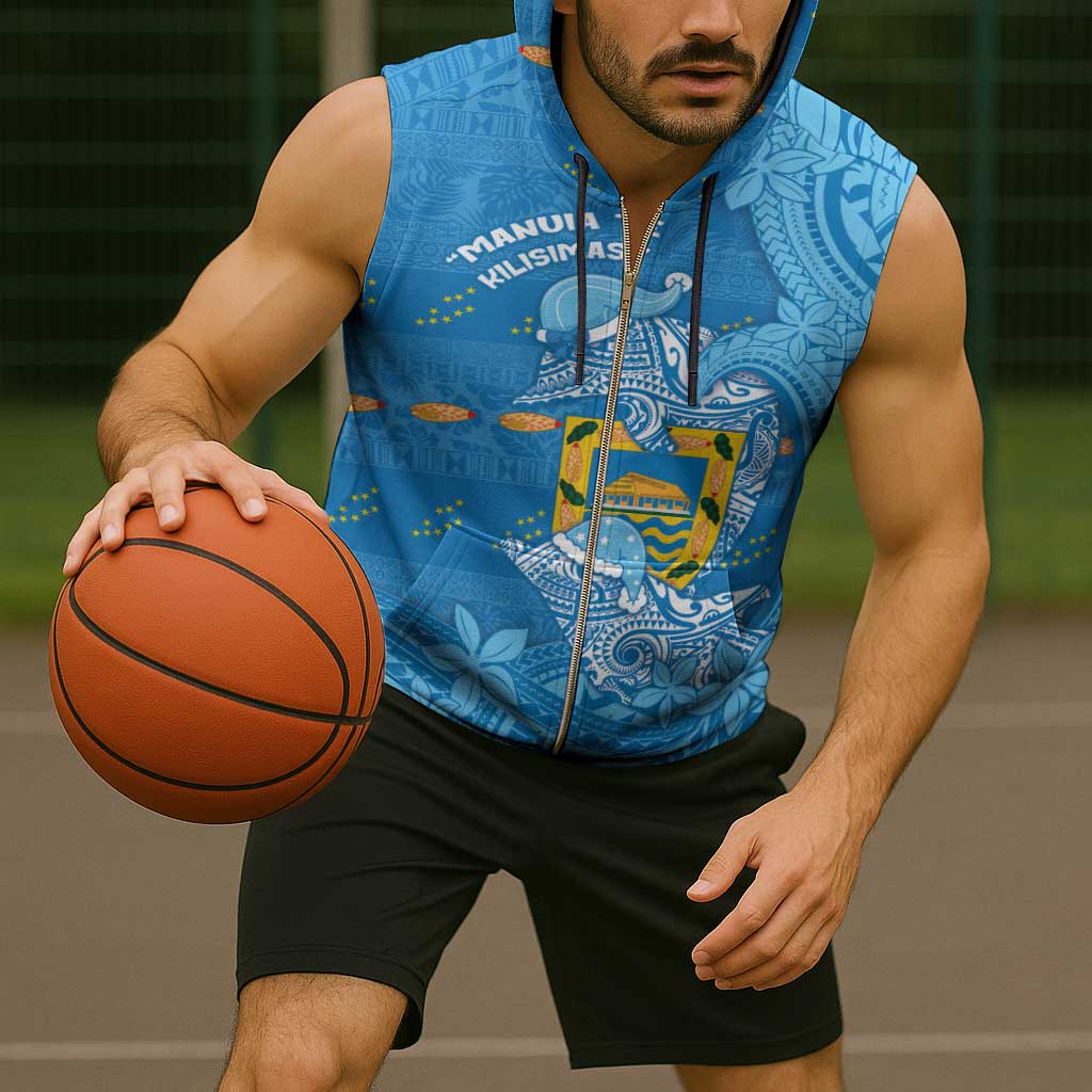 Tuvalu Christmas Sleeveless Zip Hoodie Dolphins Santa Xmas Tribal Waves - Polynesian Pride