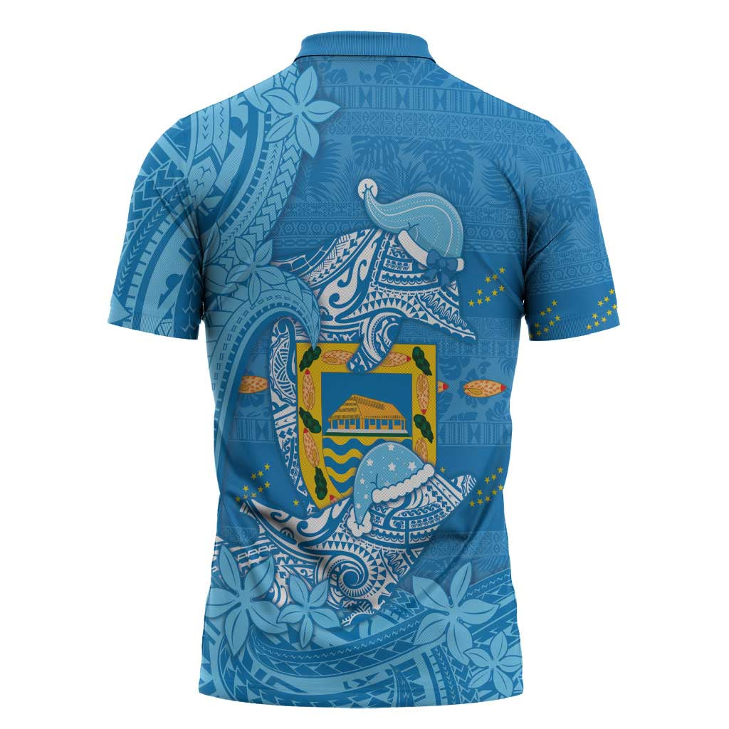 Tuvalu Christmas Zipper Polo Shirt Dolphins Santa Xmas Tribal Waves - Polynesian Pride