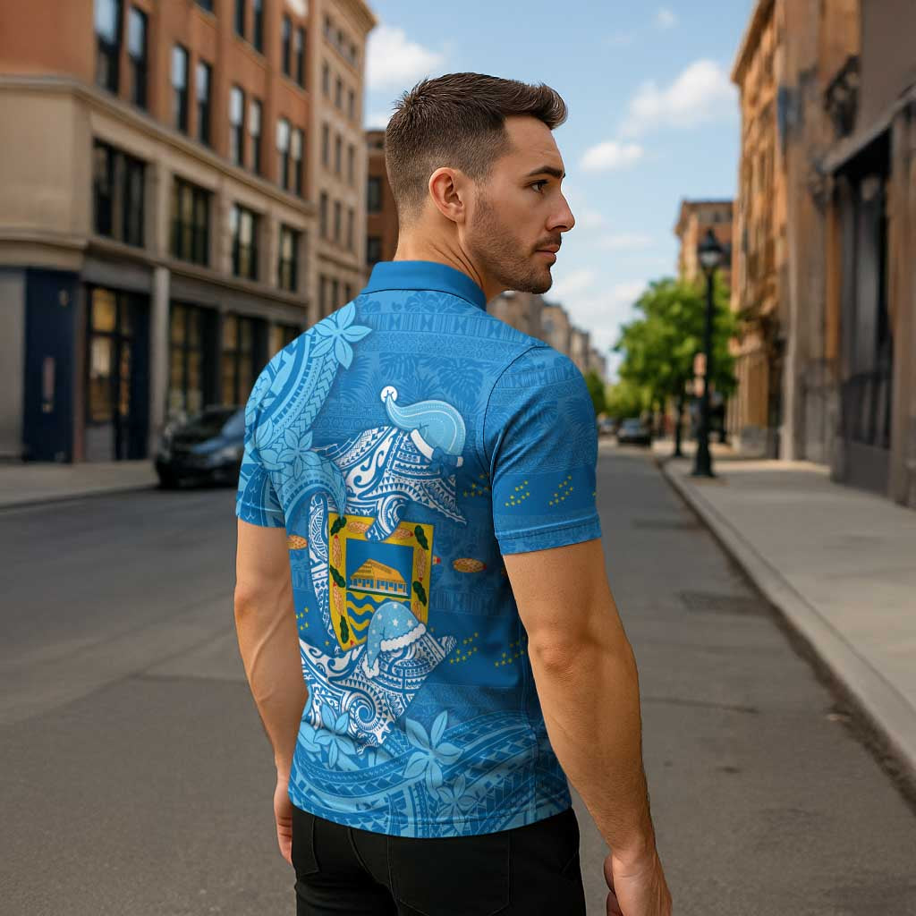 Tuvalu Christmas Zipper Polo Shirt Dolphins Santa Xmas Tribal Waves - Polynesian Pride