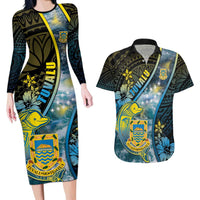Personalised Tuvalu Couples Matching Long Sleeve Bodycon Dress and Hawaiian Shirt Dolphin On The Waves
