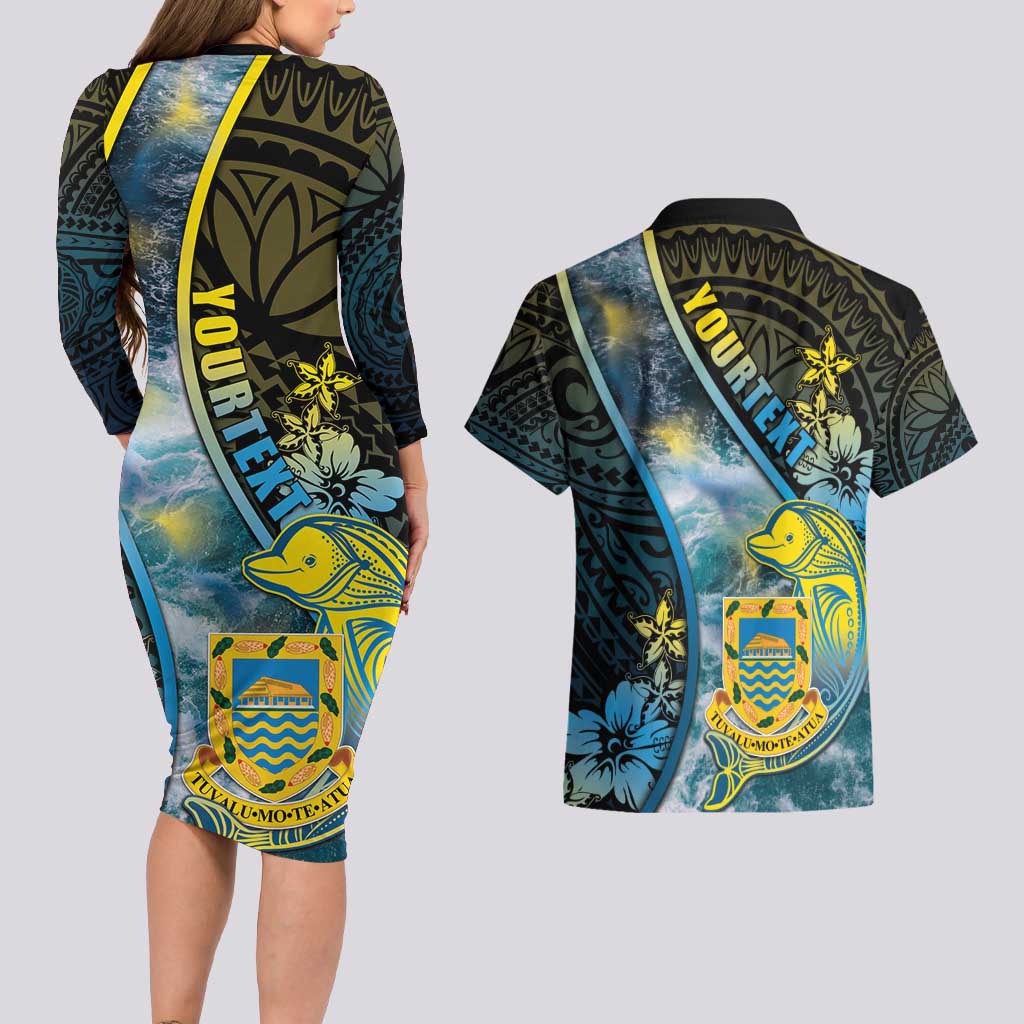 Personalised Tuvalu Couples Matching Long Sleeve Bodycon Dress and Hawaiian Shirt Dolphin On The Waves