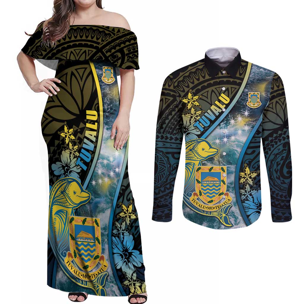 Personalised Tuvalu Couples Matching Off Shoulder Maxi Dress and Long Sleeve Button Shirt Dolphin On The Waves