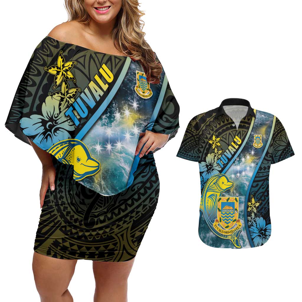 Personalised Tuvalu Couples Matching Off Shoulder Short Dress and Hawaiian Shirt Dolphin On The Waves
