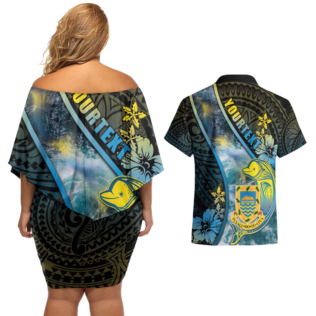 Personalised Tuvalu Couples Matching Off Shoulder Short Dress and Hawaiian Shirt Dolphin On The Waves