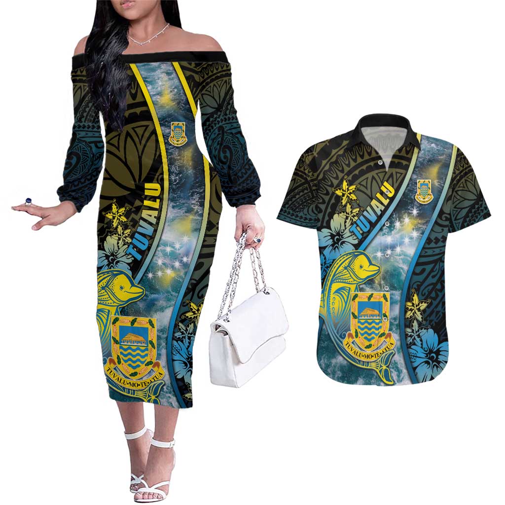 Personalised Tuvalu Couples Matching Off The Shoulder Long Sleeve Dress and Hawaiian Shirt Dolphin On The Waves