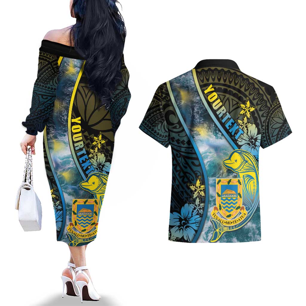 Personalised Tuvalu Couples Matching Off The Shoulder Long Sleeve Dress and Hawaiian Shirt Dolphin On The Waves