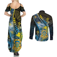 Personalised Tuvalu Couples Matching Summer Maxi Dress and Long Sleeve Button Shirt Dolphin On The Waves