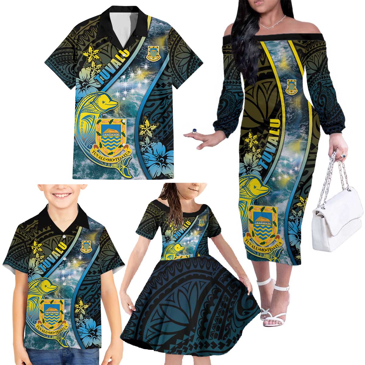 Personalised Tuvalu Family Matching Off The Shoulder Long Sleeve Dress and Hawaiian Shirt Dolphin On The Waves