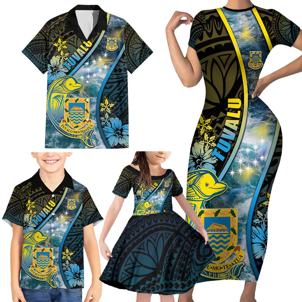 Personalised Tuvalu Family Matching Short Sleeve Bodycon Dress and Hawaiian Shirt Dolphin On The Waves
