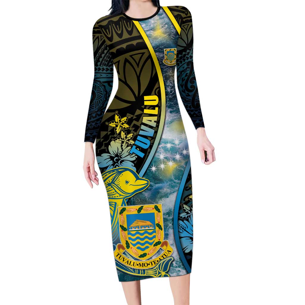 Personalised Tuvalu Long Sleeve Bodycon Dress Dolphin On The Waves
