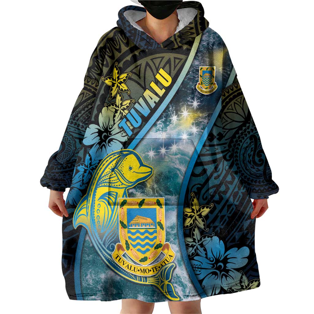 Personalised Tuvalu Wearable Blanket Hoodie Dolphin On The Waves