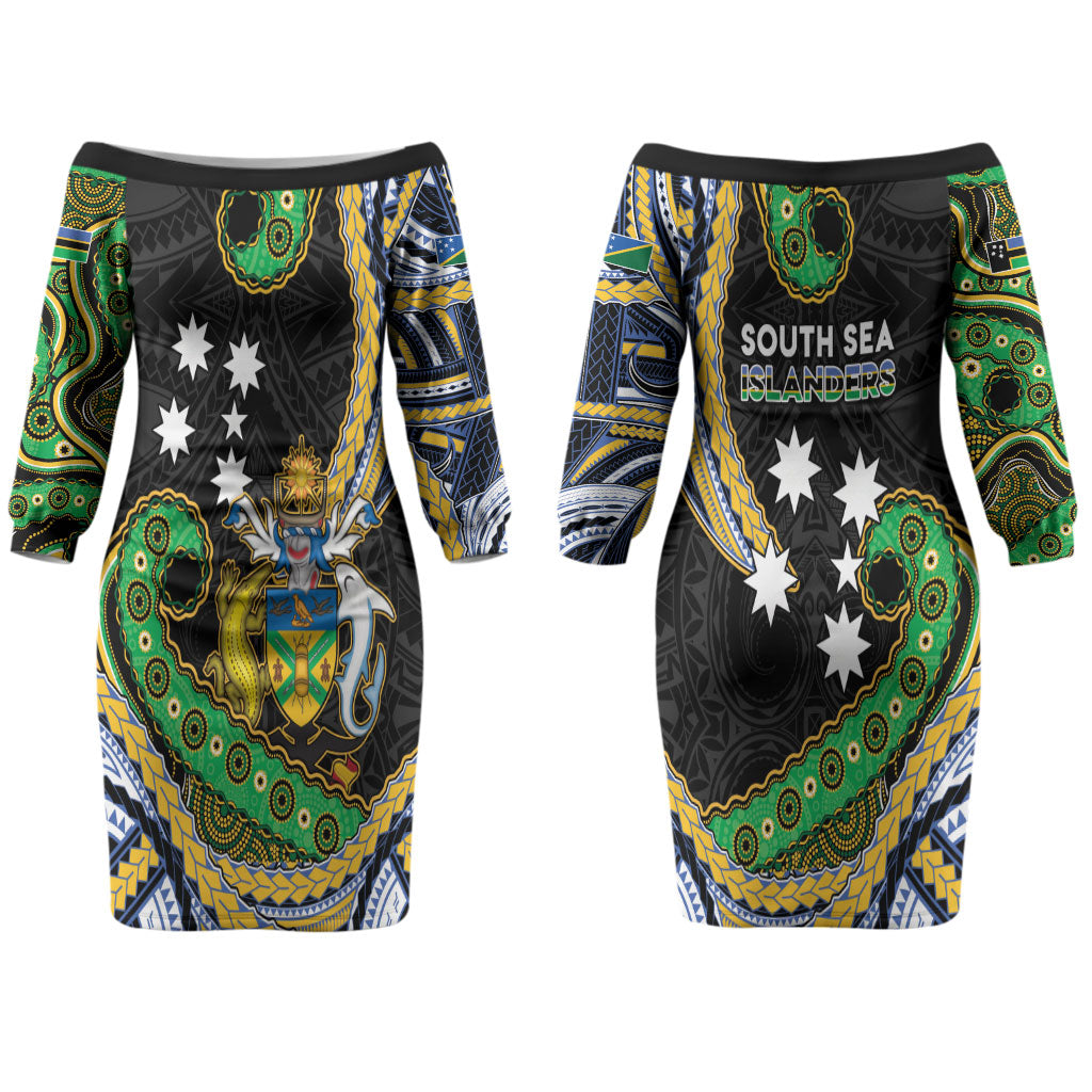 South Sea Islanders And Solomon Islands Couples Matching Off The Shoulder Long Sleeve Dress and Hawaiian Shirt Solomons Coat Of Arms And Southern Cross DT05 - Polynesian Pride