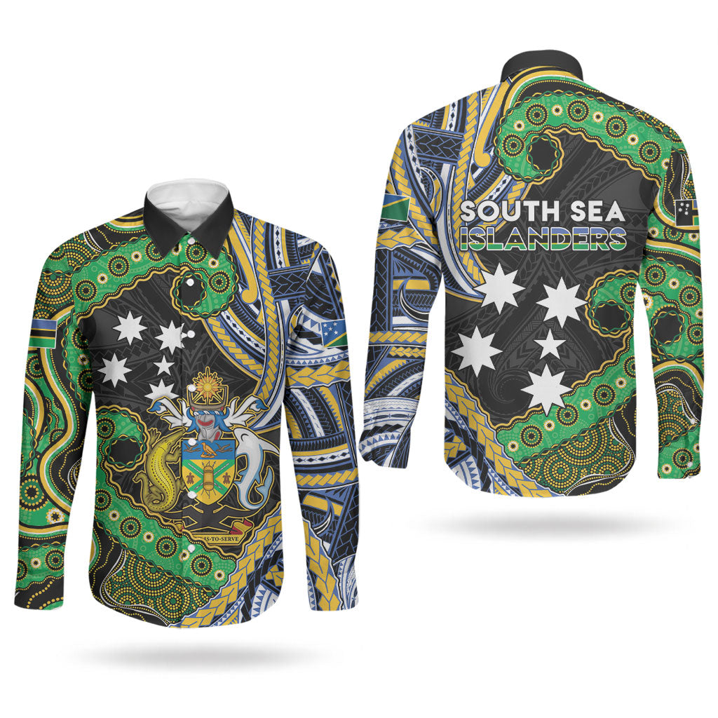 South Sea Islanders And Solomon Islands Couples Matching Short Sleeve Bodycon Dress and Long Sleeve Button Shirt Solomons Coat Of Arms And Southern Cross DT05 - Polynesian Pride