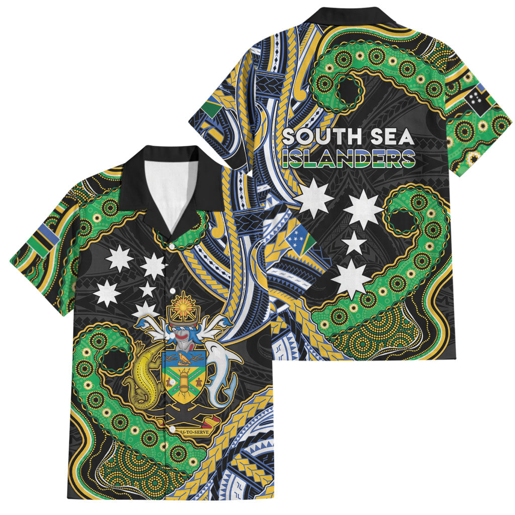 South Sea Islanders And Solomon Islands Family Matching Long Sleeve Bodycon Dress and Hawaiian Shirt Solomons Coat Of Arms And Southern Cross DT05 Dad's Shirt - Short Sleeve Black - Polynesian Pride