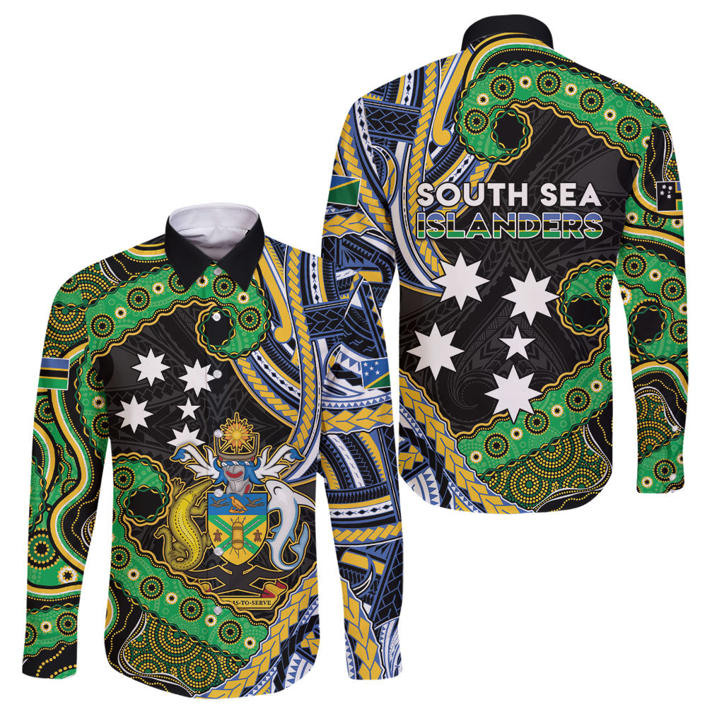 South Sea Islanders And Solomon Islands Family Matching Off The Shoulder Long Sleeve Dress and Hawaiian Shirt Solomons Coat Of Arms And Southern Cross DT05 Dad's Shirt - Long Sleeve Black - Polynesian Pride