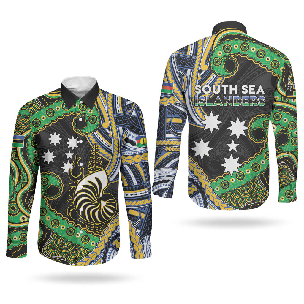 South Sea Islanders And New Caledonia Couples Matching Long Sleeve Bodycon Dress and Long Sleeve Button Shirt Nautilus Shell Southern Cross Tribal Pattern DT05 - Polynesian Pride