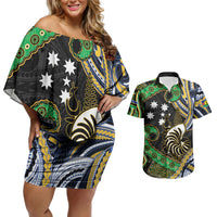 South Sea Islanders And New Caledonia Couples Matching Off Shoulder Short Dress and Hawaiian Shirt Nautilus Shell Southern Cross Tribal Pattern DT05 Black - Polynesian Pride