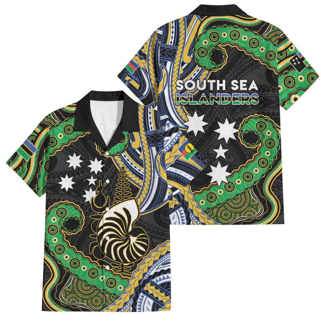 South Sea Islanders And New Caledonia Family Matching Off Shoulder Short Dress and Hawaiian Shirt Nautilus Shell Southern Cross Tribal Pattern DT05 Dad's Shirt - Short Sleeve Black - Polynesian Pride