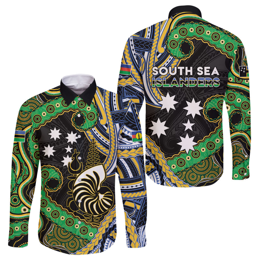 South Sea Islanders And New Caledonia Family Matching Tank Maxi Dress and Hawaiian Shirt Nautilus Shell Southern Cross Tribal Pattern DT05 Dad's Shirt - Long Sleeve Black - Polynesian Pride