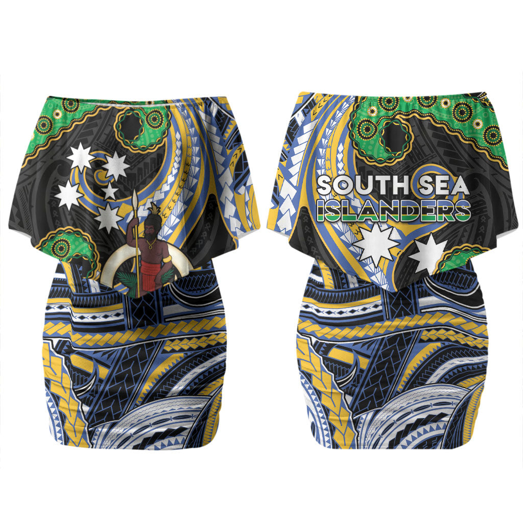 South Sea Islanders And Vanuatu Family Matching Off Shoulder Short Dress and Hawaiian Shirt Boar Tusk Warrior Southern Tribal Pattern DT05 Mom's Dress Black - Polynesian Pride