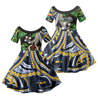 South Sea Islanders And Vanuatu Family Matching Off Shoulder Short Dress and Hawaiian Shirt Boar Tusk Warrior Southern Tribal Pattern DT05 Daughter's Dress Black - Polynesian Pride