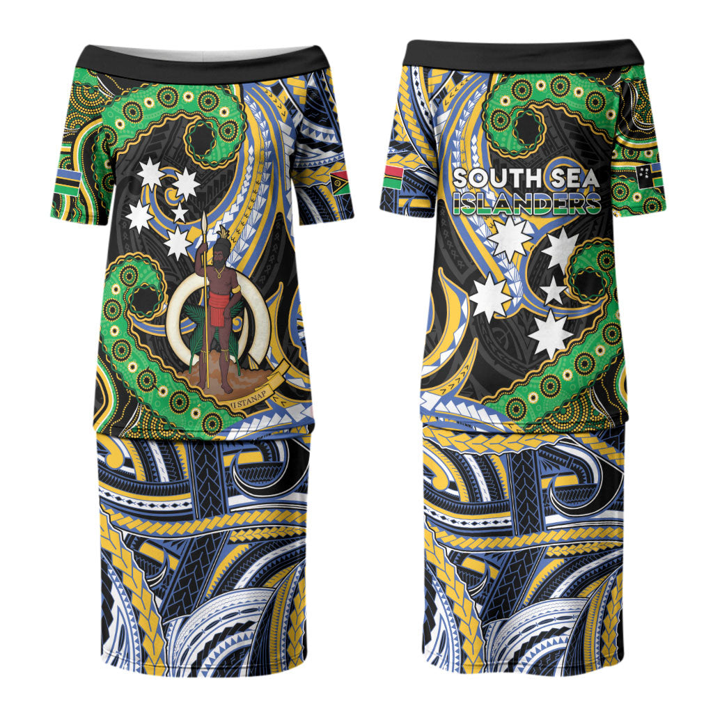 South Sea Islanders And Vanuatu Family Matching Puletasi and Hawaiian Shirt Boar Tusk Warrior Southern Tribal Pattern DT05 Mom's Dress Black - Polynesian Pride