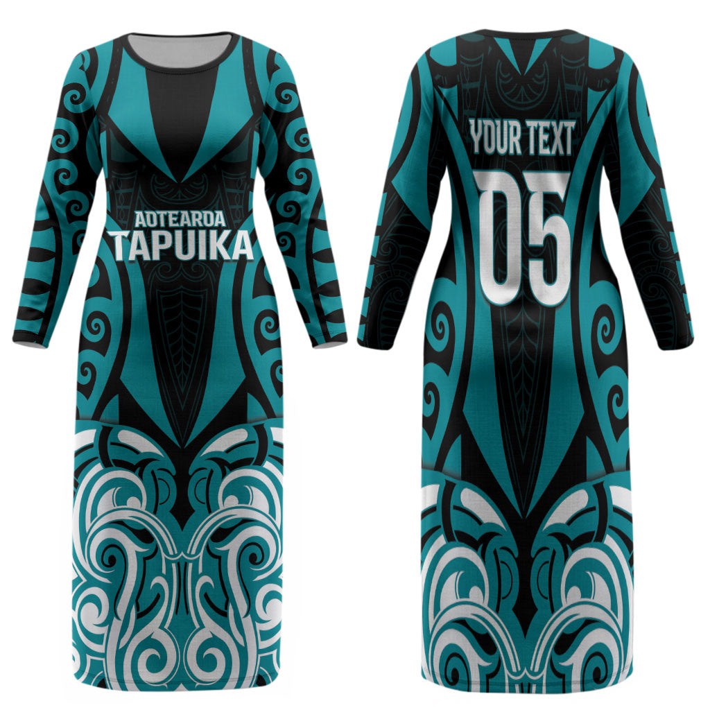 Custom Aotearoa Tapuika Family Matching Long Sleeve Bodycon Dress and Hawaiian Shirt New Zealand Traditional Maori Pattern DT05 Mom's Dress Teal - Polynesian Pride