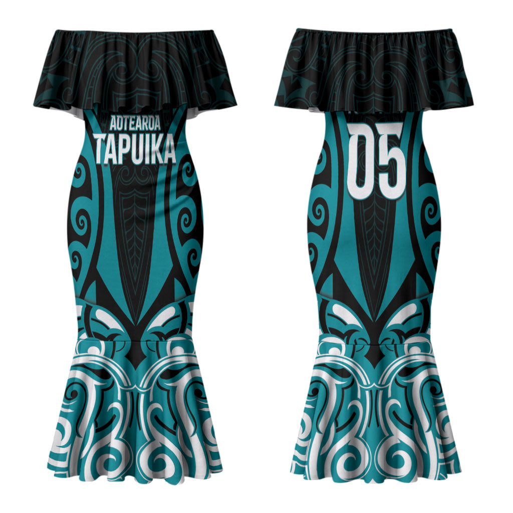 Custom Aotearoa Tapuika Family Matching Mermaid Dress and Hawaiian Shirt New Zealand Traditional Maori Pattern DT05 Mom's Dress Teal - Polynesian Pride