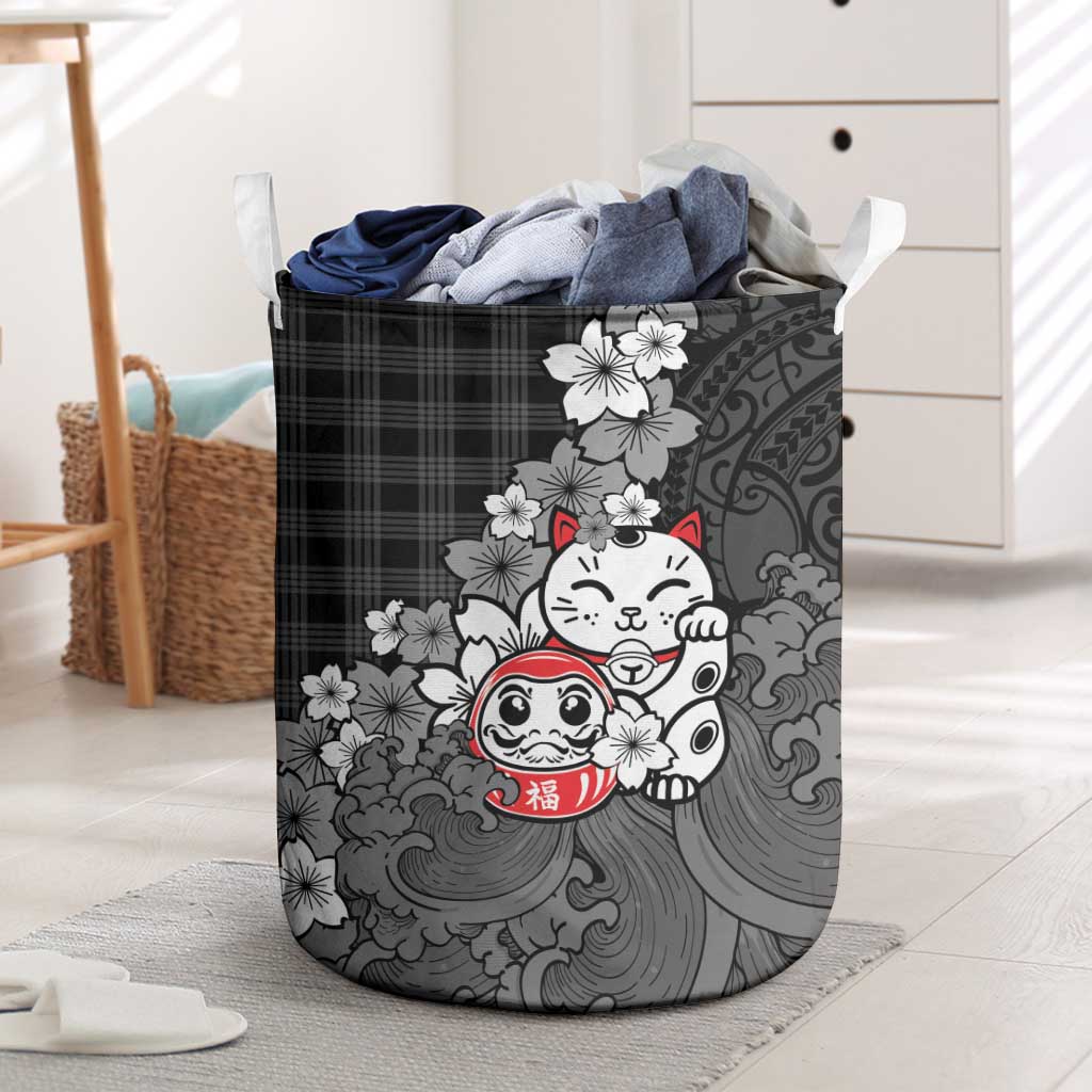 Black Palaka Hawaiian And Japanese Laundry Basket Maneki Neko And Sakura Bloom