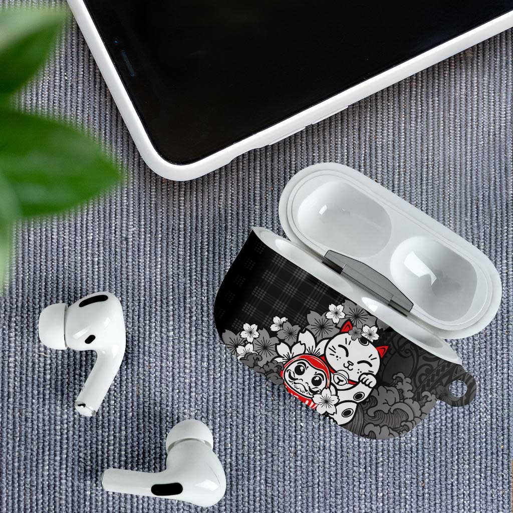 Black Palaka Hawaiian And Japanese AirPods Case Maneki Neko And Sakura Bloom