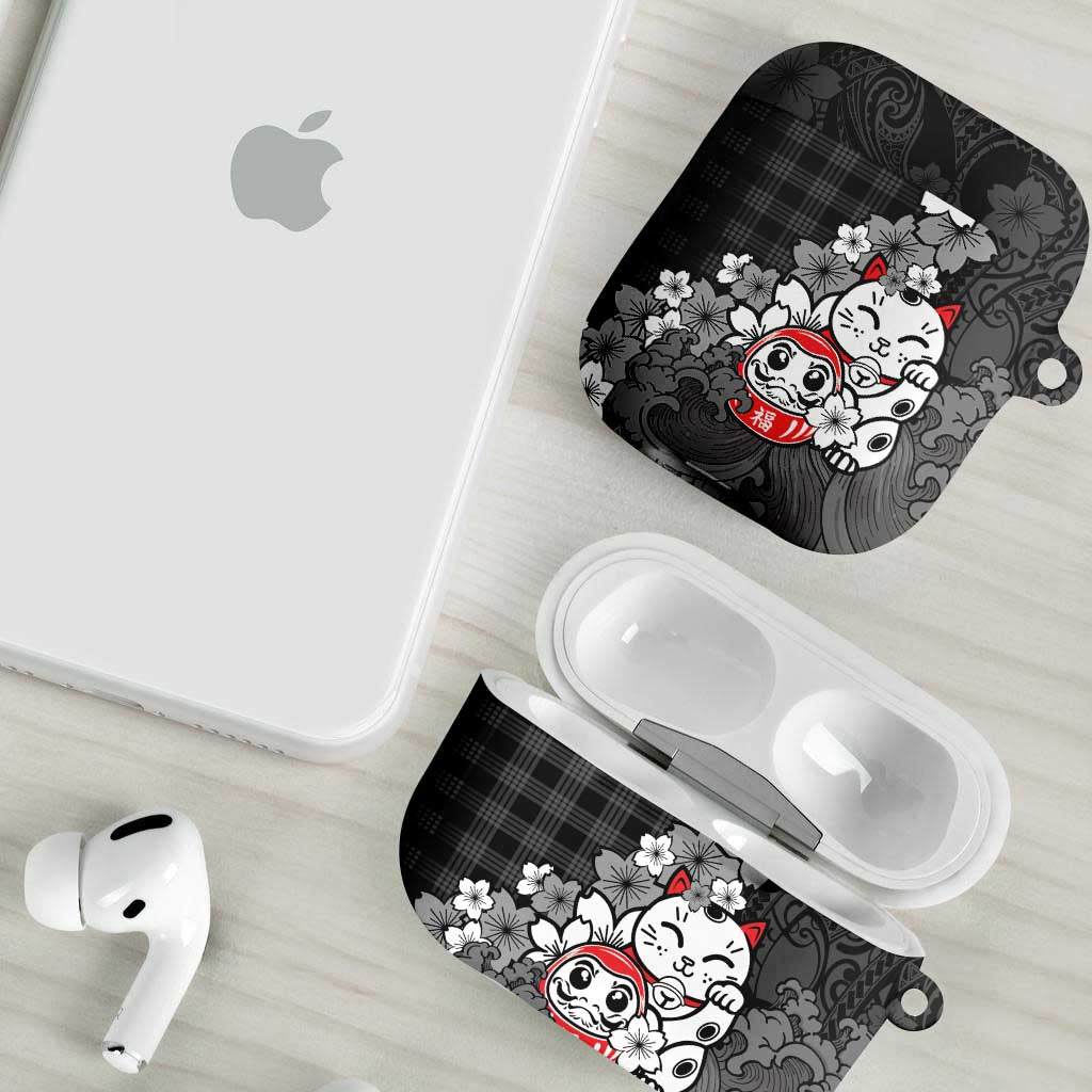 Black Palaka Hawaiian And Japanese AirPods Case Maneki Neko And Sakura Bloom