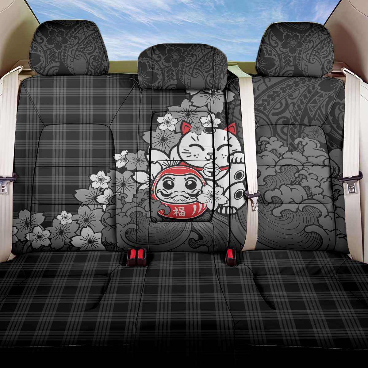 Black Palaka Hawaiian And Japanese Back Car Seat Cover Maneki Neko And Sakura Bloom