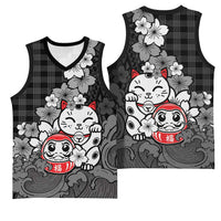 Black Palaka Hawaiian And Japanese Basketball Jersey Maneki Neko And Sakura Bloom