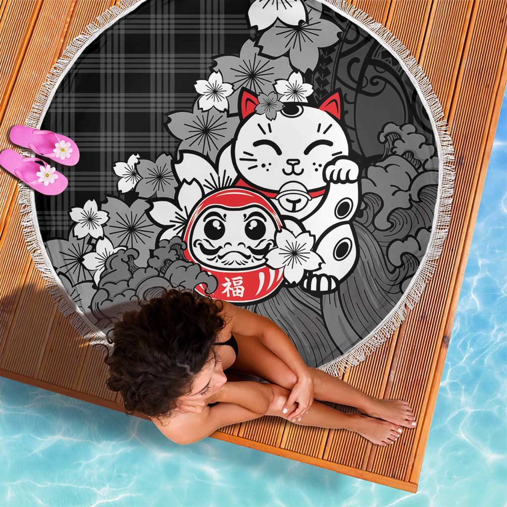 Black Palaka Hawaiian And Japanese Beach Blanket Maneki Neko And Sakura Bloom
