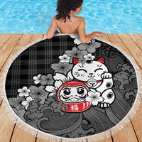 Black Palaka Hawaiian And Japanese Beach Blanket Maneki Neko And Sakura Bloom