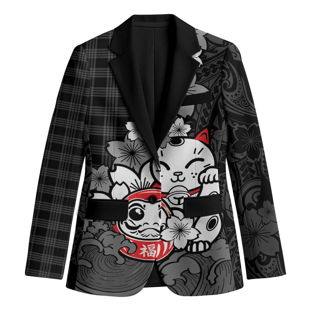 Black Palaka Hawaiian And Japanese Blazer Maneki Neko And Sakura Bloom