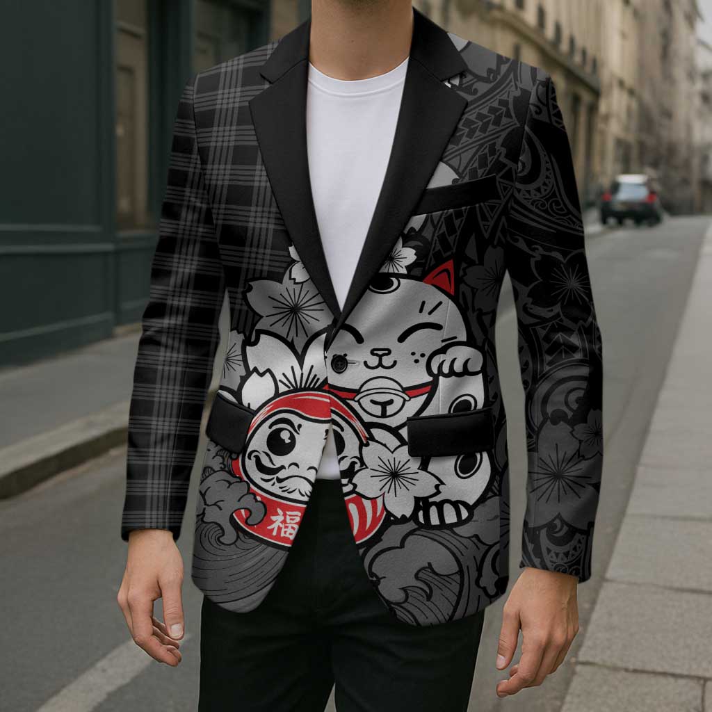 Black Palaka Hawaiian And Japanese Blazer Maneki Neko And Sakura Bloom