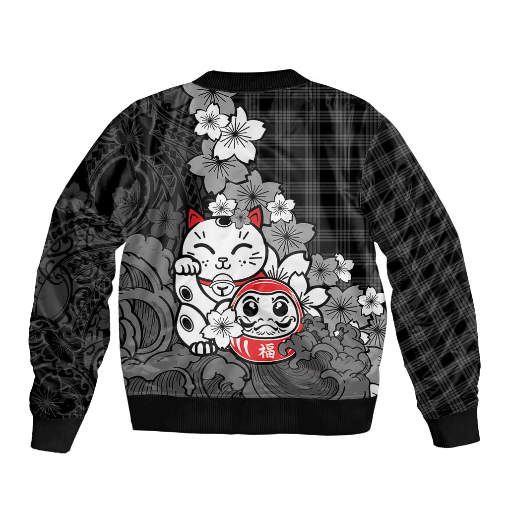 Black Palaka Hawaiian And Japanese Bomber Jacket Maneki Neko And Sakura Bloom