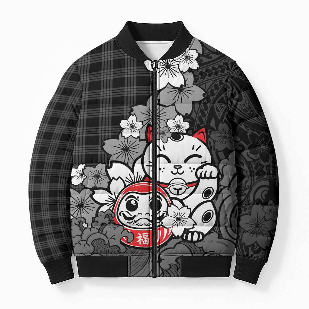 Black Palaka Hawaiian And Japanese Bomber Puffer Jacket Maneki Neko And Sakura Bloom