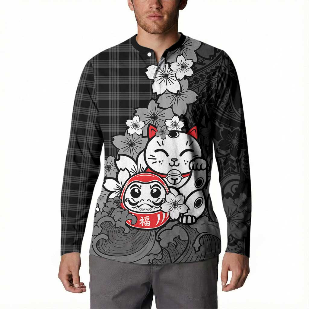 Black Palaka Hawaiian And Japanese Button Sweatshirt Maneki Neko And Sakura Bloom