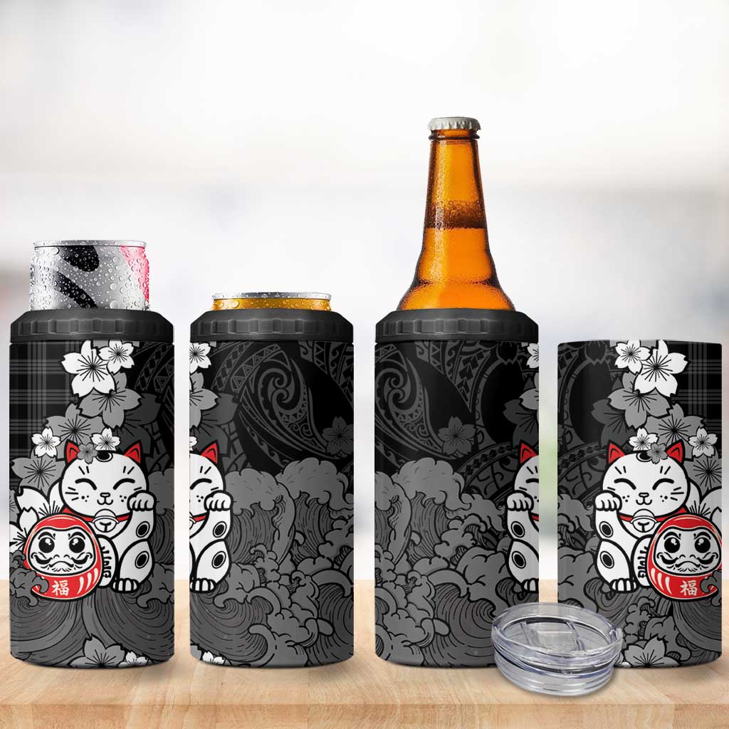 Black Palaka Hawaiian And Japanese 4 in 1 Can Cooler Tumbler Maneki Neko And Sakura Bloom